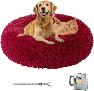 Donut Dog & Cat Bed - Premium Quality Plush Calming Pet Bed, Warm and Soft Anti-Anxiety Cosy Bed With Non-Slip Bottom, Washable for Small/Medium/Large Dogs (Color: Red, Size)