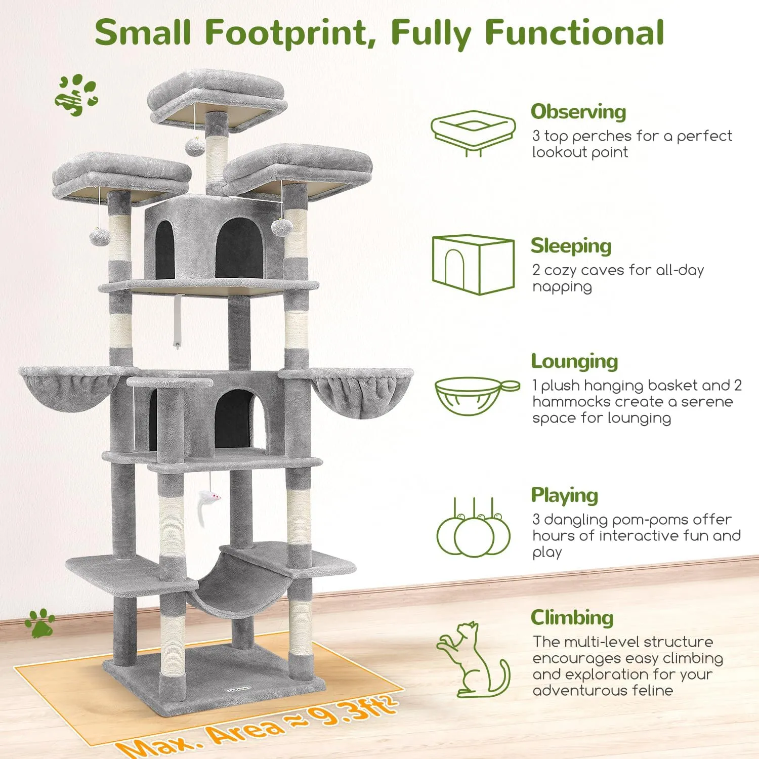F80 Big Cat Tower for Indoor Cats, 80inch Cat Tower for Multiple Adult Cats XXL Cat Tree with Scratching Post, Hammock, 3 Perches, 2 Condos, 2 Hanging Basket, Light Grey