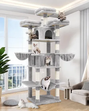 F80 Big Cat Tower for Indoor Cats, 80inch Cat Tower for Multiple Adult Cats XXL Cat Tree with Scratching Post, Hammock, 3 Perches, 2 Condos, 2 Hanging Basket, Light Grey