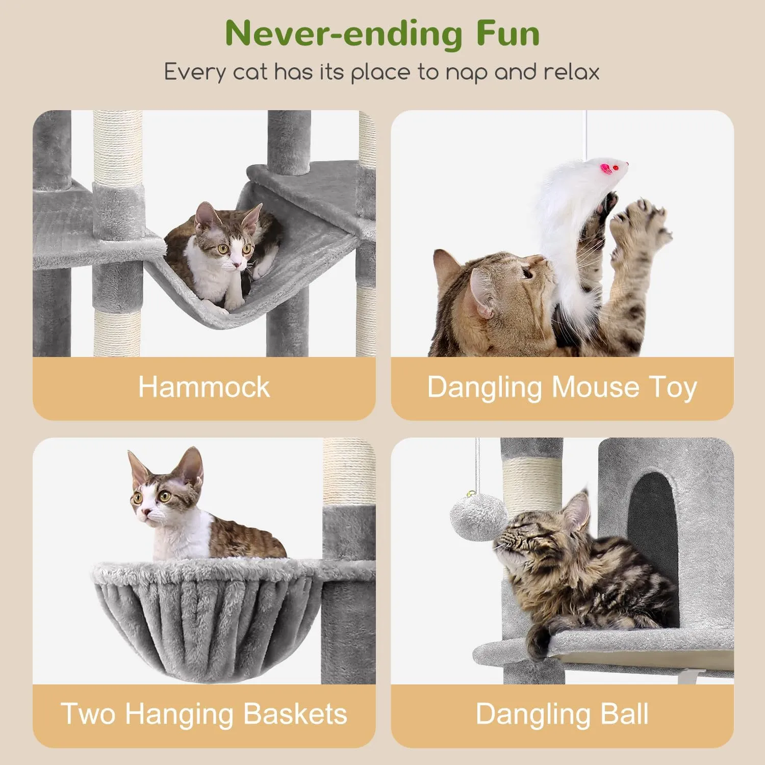 F80 Big Cat Tower for Indoor Cats, 80inch Cat Tower for Multiple Adult Cats XXL Cat Tree with Scratching Post, Hammock, 3 Perches, 2 Condos, 2 Hanging Basket, Light Grey