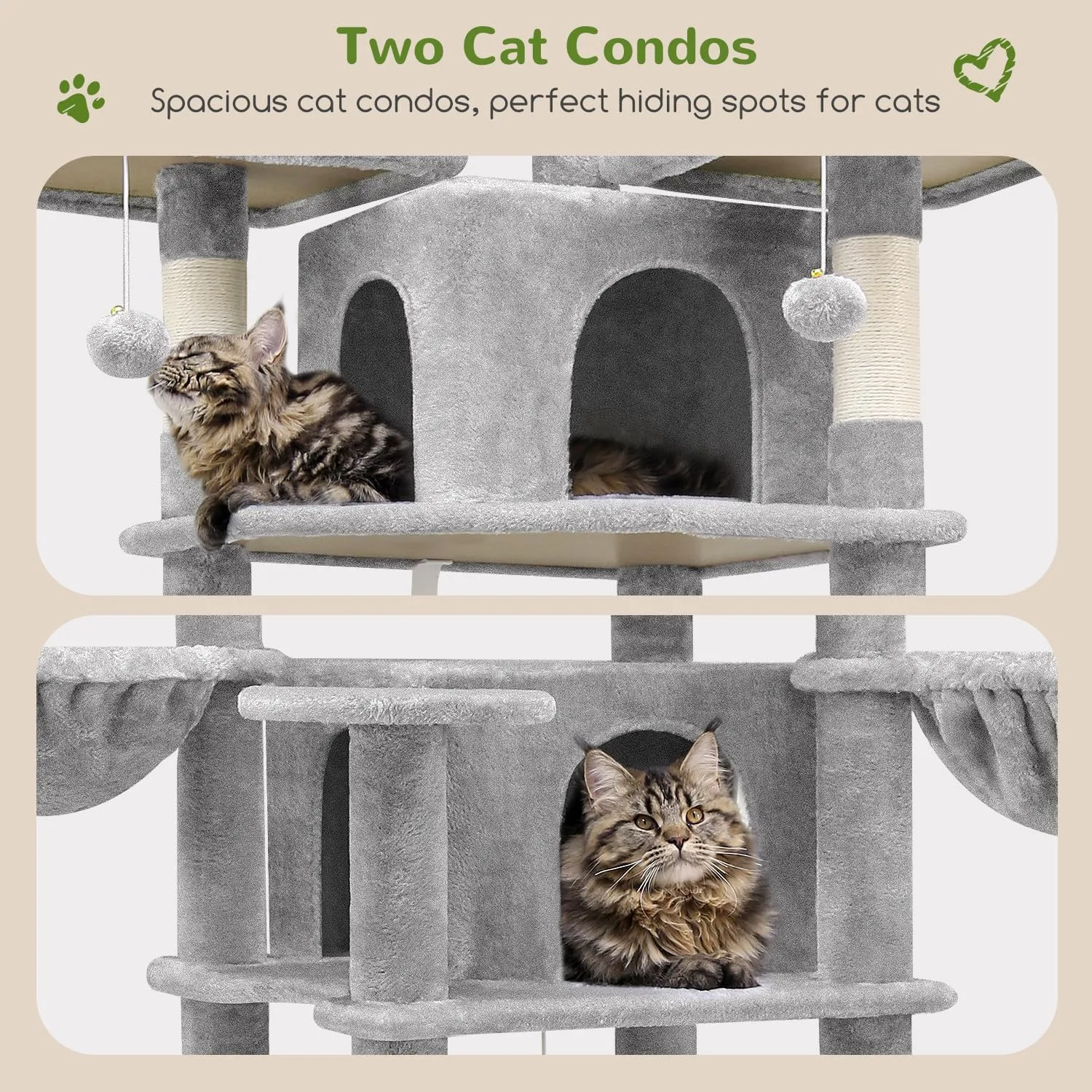 F80 Big Cat Tower for Indoor Cats, 80inch Cat Tower for Multiple Adult Cats XXL Cat Tree with Scratching Post, Hammock, 3 Perches, 2 Condos, 2 Hanging Basket, Light Grey