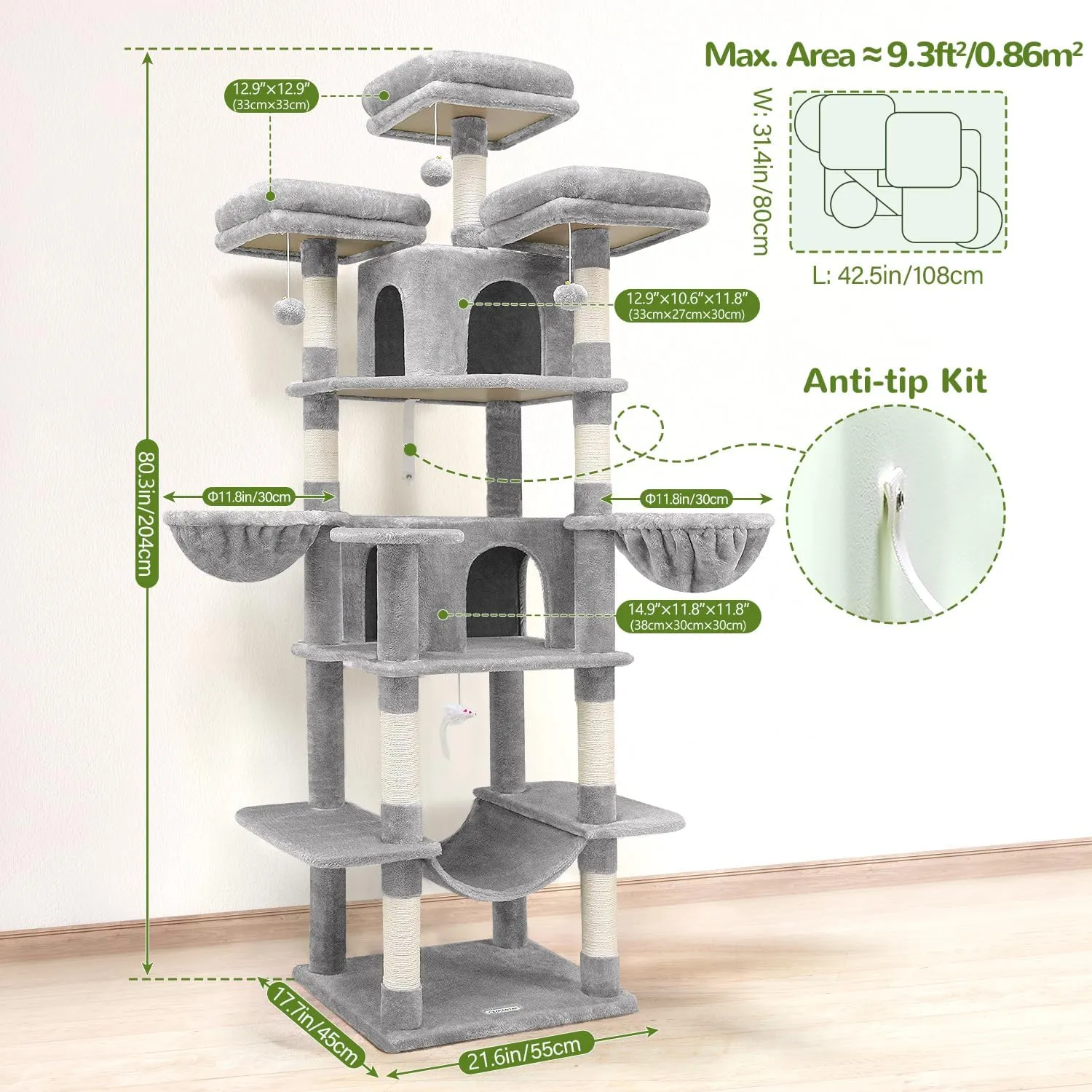 F80 Big Cat Tower for Indoor Cats, 80inch Cat Tower for Multiple Adult Cats XXL Cat Tree with Scratching Post, Hammock, 3 Perches, 2 Condos, 2 Hanging Basket, Light Grey