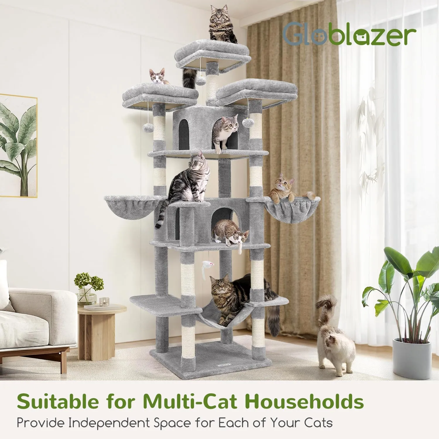 F80 Big Cat Tower for Indoor Cats, 80inch Cat Tower for Multiple Adult Cats XXL Cat Tree with Scratching Post, Hammock, 3 Perches, 2 Condos, 2 Hanging Basket, Light Grey