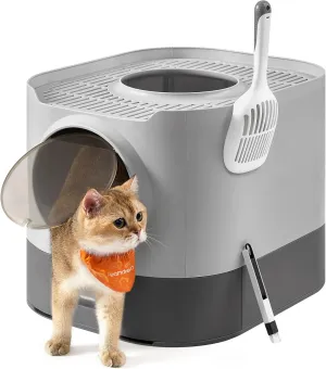 Feandrea Cat Litter Box with Lid, XL Enclosed Litter Box with Slide-Out Tray, Scoop, Brush, Anti-Tracking, for Cats of Different Sizes, Dove Gray and Slat Gray UPPT002B01