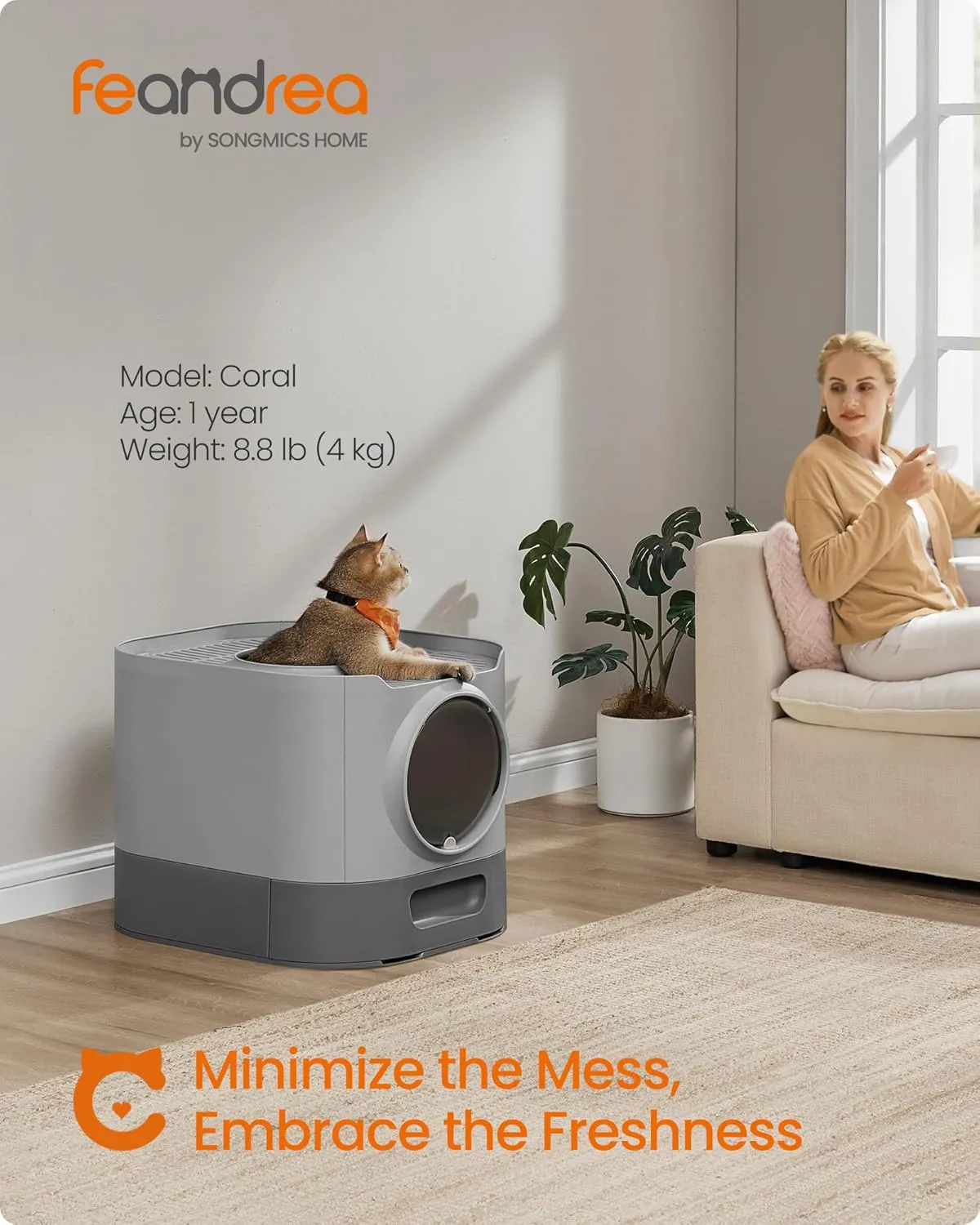 Feandrea Cat Litter Box with Lid, XL Enclosed Litter Box with Slide-Out Tray, Scoop, Brush, Anti-Tracking, for Cats of Different Sizes, Dove Gray and Slat Gray UPPT002B01