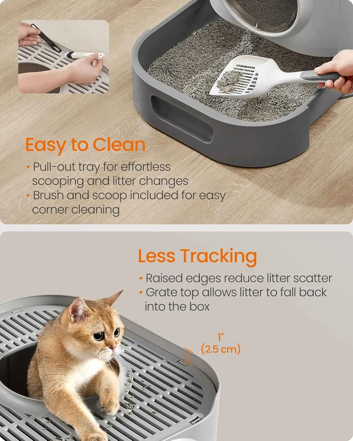 Feandrea Cat Litter Box with Lid, XL Enclosed Litter Box with Slide-Out Tray, Scoop, Brush, Anti-Tracking, for Cats of Different Sizes, Dove Gray and Slat Gray UPPT002B01