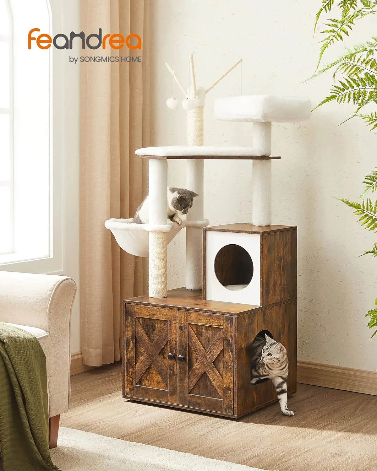 Feandrea Cat Tree with Litter Box Enclosure, 2-in-1 Modern Cat Tower, 55.1-Inch Cat Condo with Scratching Posts, Removable Pompom Sticks, Rustic Brown UPCT113X01