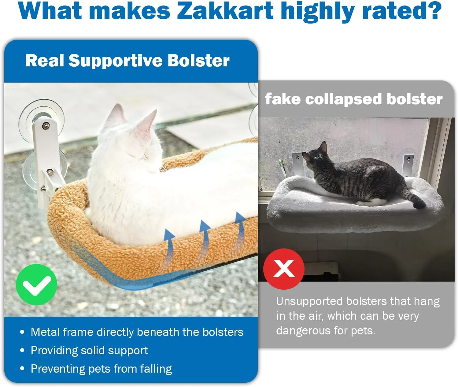 Foldable Cat Hammock for Window - Cordless, Embeded Machine Washable Bed, Robust Metal Frame - Cat Window Perch for Large Cats and Kitten (Brown Bolster Bed, Medium)