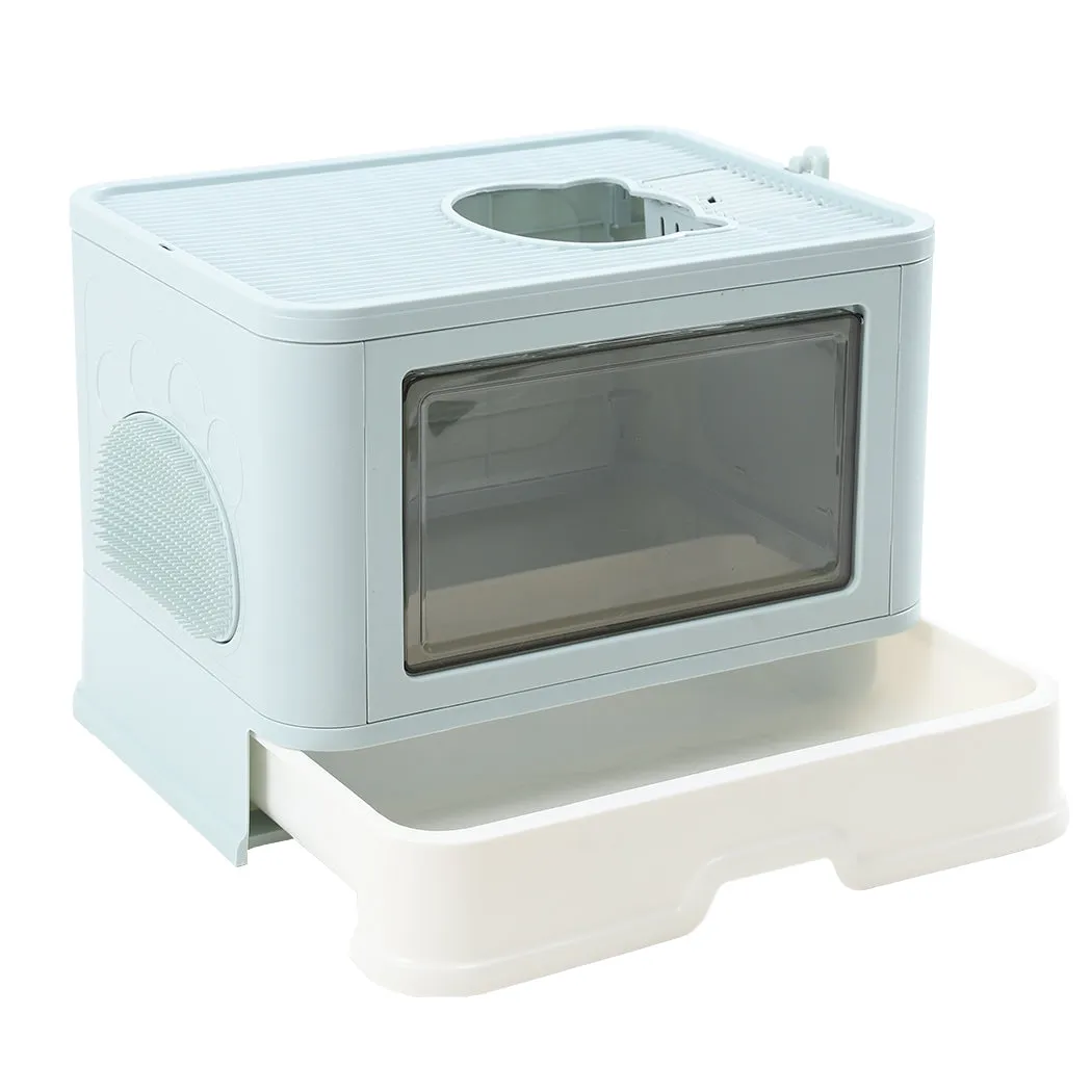 Foldable Cat Litter Box Tray Enclosed Kitty Toilet Hood with Hair Grooming - Blue