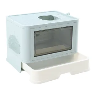 Foldable Cat Litter Box Tray Enclosed Kitty Toilet Hood with Hair Grooming - Blue