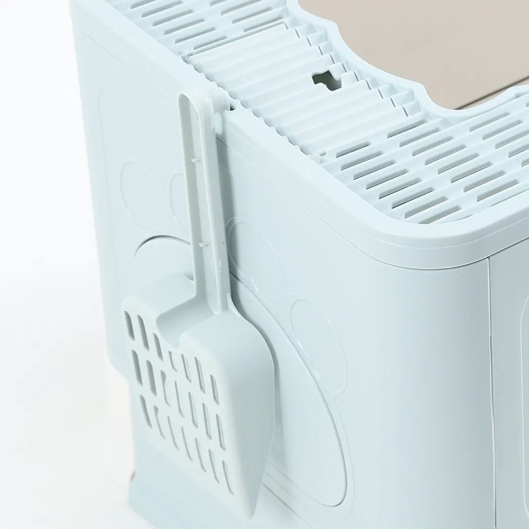 Foldable Cat Litter Box Tray Enclosed Kitty Toilet Hood with Hair Grooming - Blue