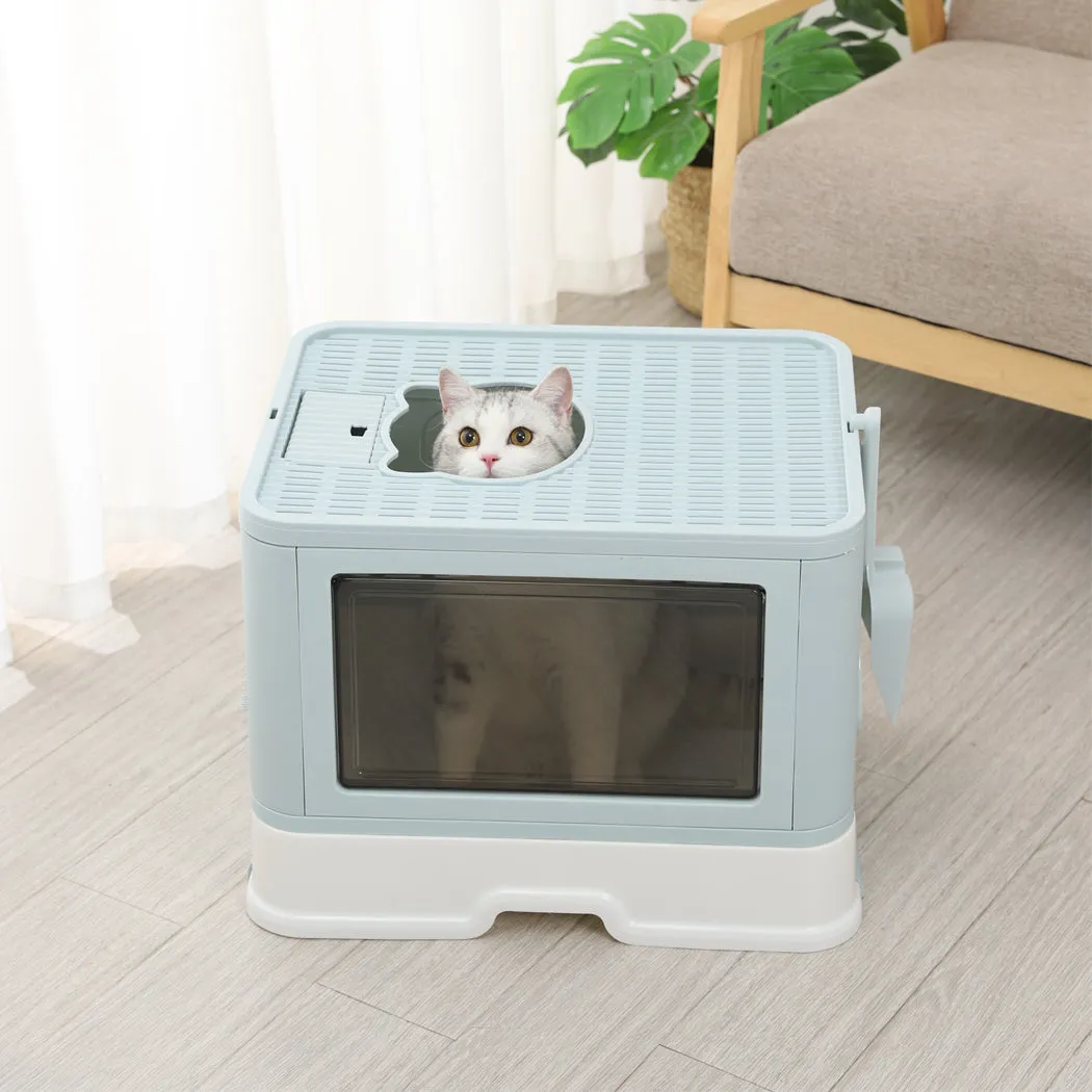 Foldable Cat Litter Box Tray Enclosed Kitty Toilet Hood with Hair Grooming - Blue