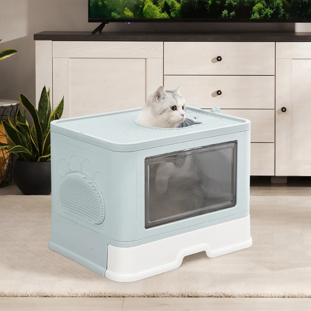 Foldable Cat Litter Box Tray Enclosed Kitty Toilet Hood with Hair Grooming - Blue