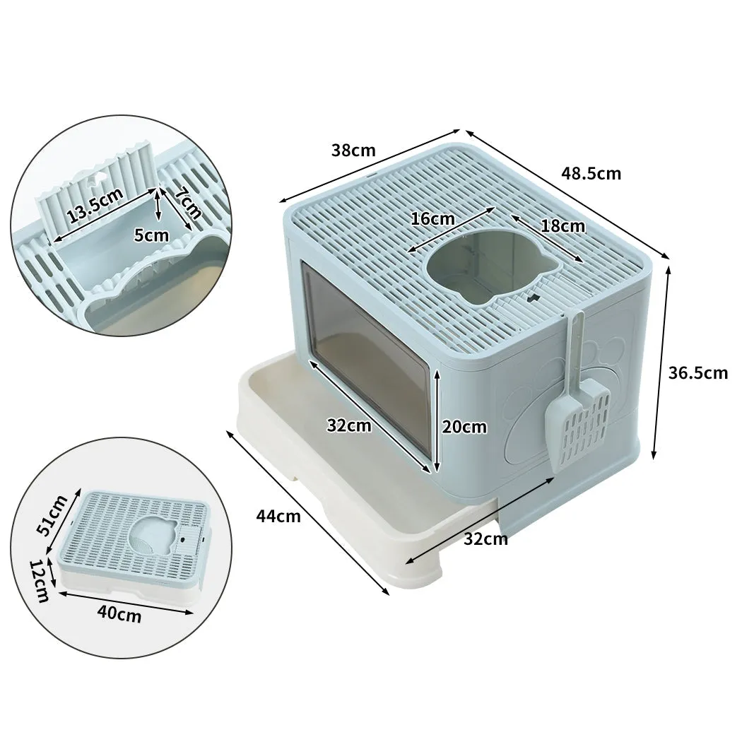 Foldable Cat Litter Box Tray Enclosed Kitty Toilet Hood with Hair Grooming - Blue