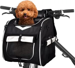 Foldable Dog Bike Basket Carrier Backpack - Large Waterproof Pet Bicycle Basket, Small Dog Cat Kitten Puppy Booster Car Seat With Safety Strap (Black)