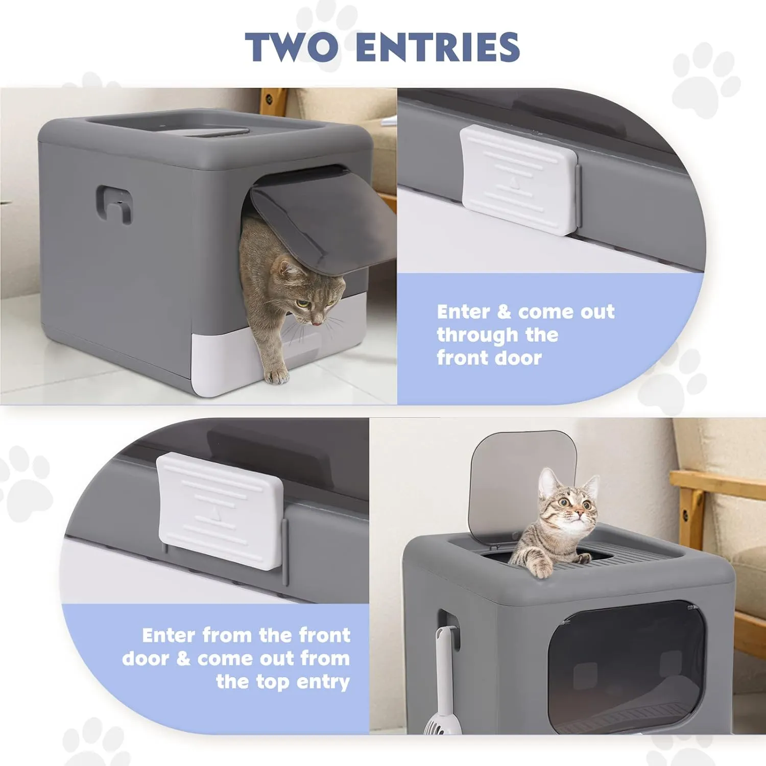Foldable Enclosed Cat Litter Box with Front Door & Top Entry, Pull-Out Drawer Type, Cat Toilet with Lid, Easy Cleaning and Anti-Splashing Litter Tray with Plastic Scoop (Grey)