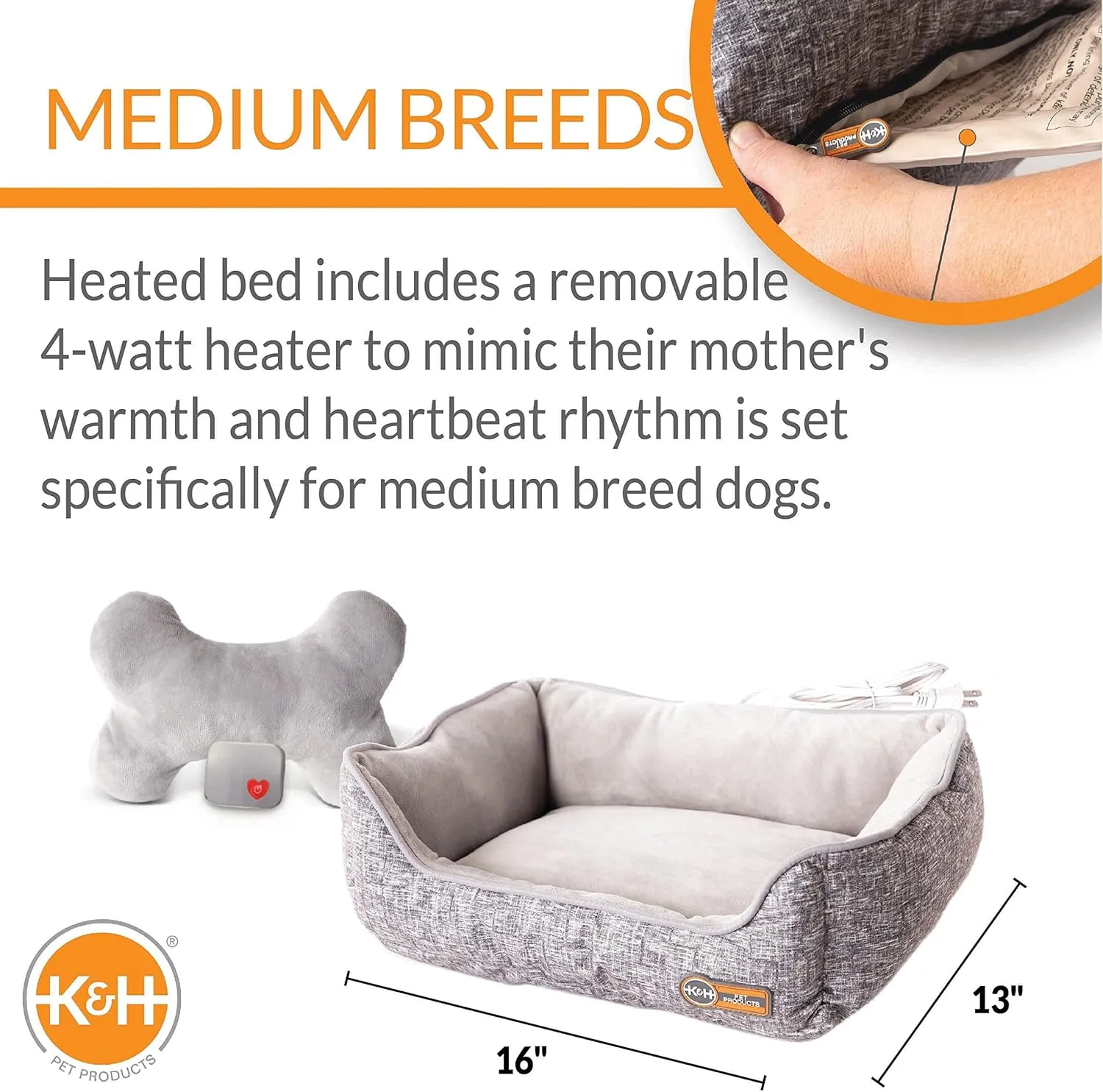 K&H Pet Products Mothers Heartbeat Heated Puppy Bed Heated Bed   Bone Pillow Gray Medium Breed Heartbeat 13 X 16 Inches