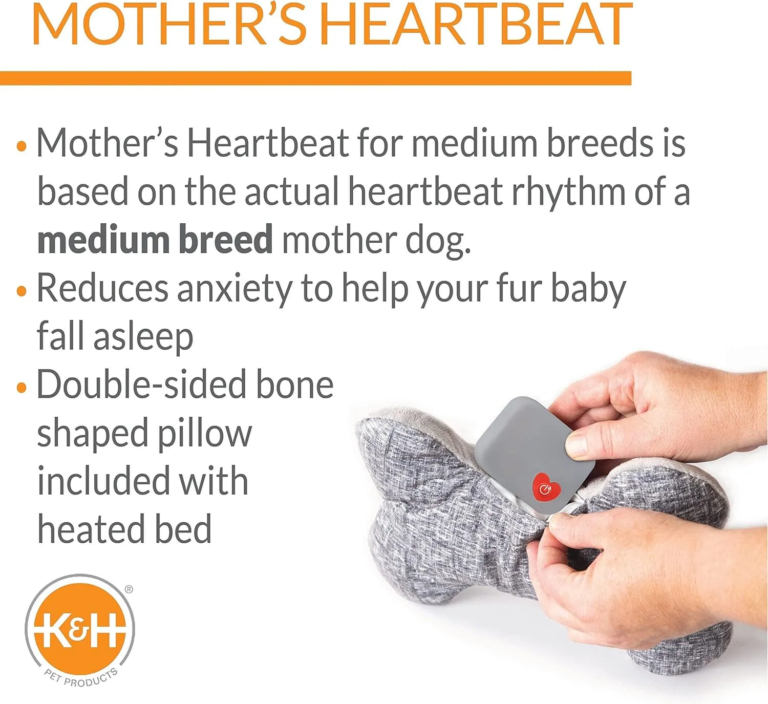 K&H Pet Products Mothers Heartbeat Heated Puppy Bed Heated Bed   Bone Pillow Gray Medium Breed Heartbeat 13 X 16 Inches