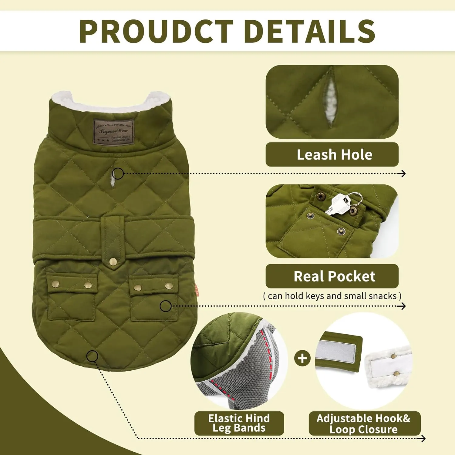 KYEESE Dog Coats Winter Dog Jacket Windproof Padded Sherpa Dogs Vest Cold Weather Coats with Leash Hole for Small Medium Dogs DarkGreen