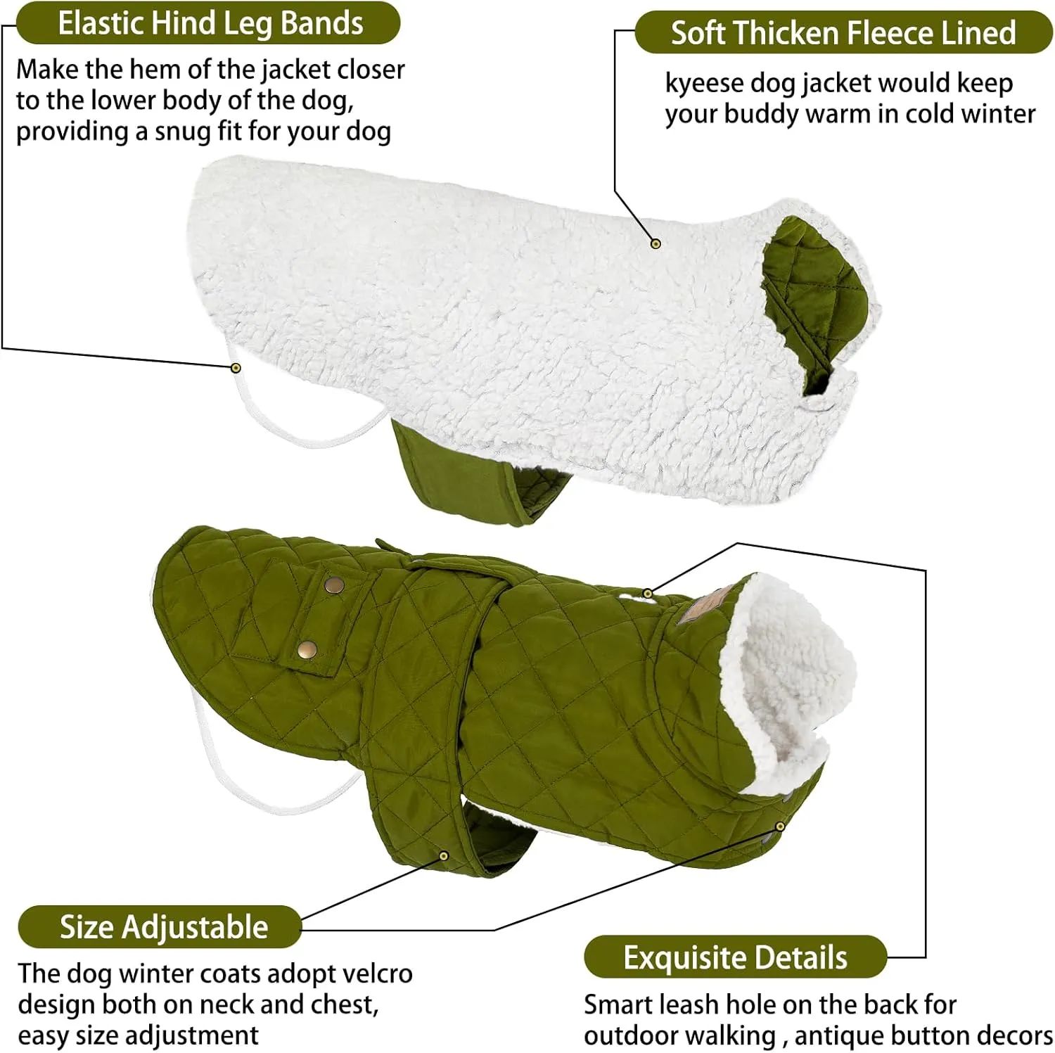 KYEESE Dog Coats Winter Dog Jacket Windproof Padded Sherpa Dogs Vest Cold Weather Coats with Leash Hole for Small Medium Dogs DarkGreen