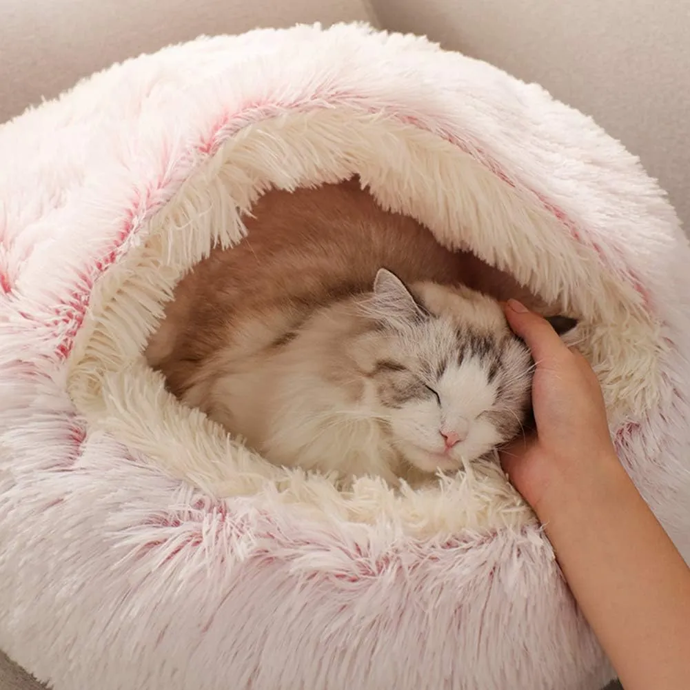 La La Pet Modern Pet Soft Plush Burrowing Cave Faux Fur Cuddler Round Cat Bed Self Warming Autumn Winter Indoor Snooze Sleeping Cozy Nest for Mini Medium Sized Dog Kitty Teddy Kennel (Pink, S)