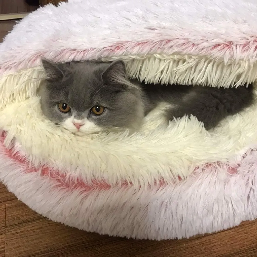 La La Pet Modern Pet Soft Plush Burrowing Cave Faux Fur Cuddler Round Cat Bed Self Warming Autumn Winter Indoor Snooze Sleeping Cozy Nest for Mini Medium Sized Dog Kitty Teddy Kennel (Pink, S)