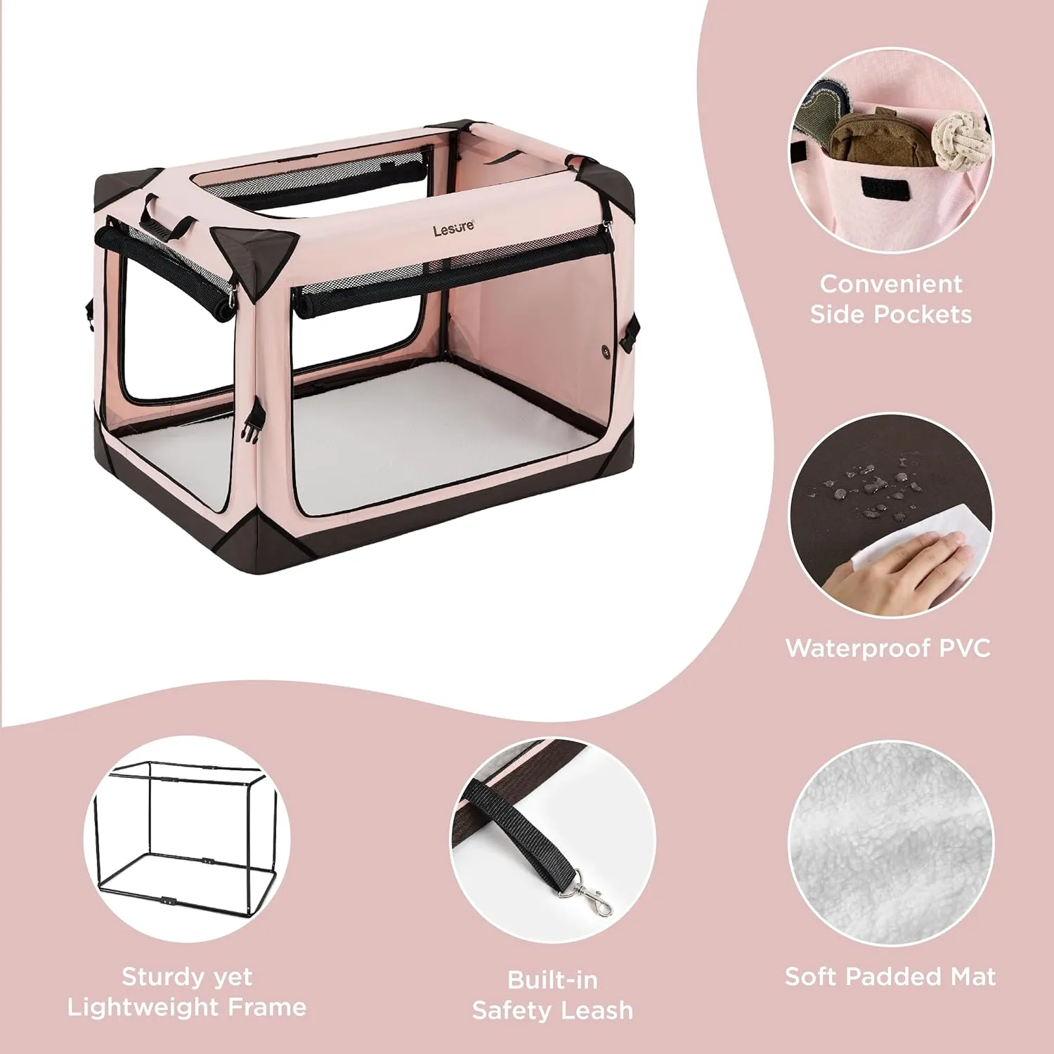 Lesure Collapsible Dog Crate - Portable Travel Kennel for Medium Dog, 4-Door Pet Crate with Durable Mesh Windows, Indoor & Outdoor, Pink