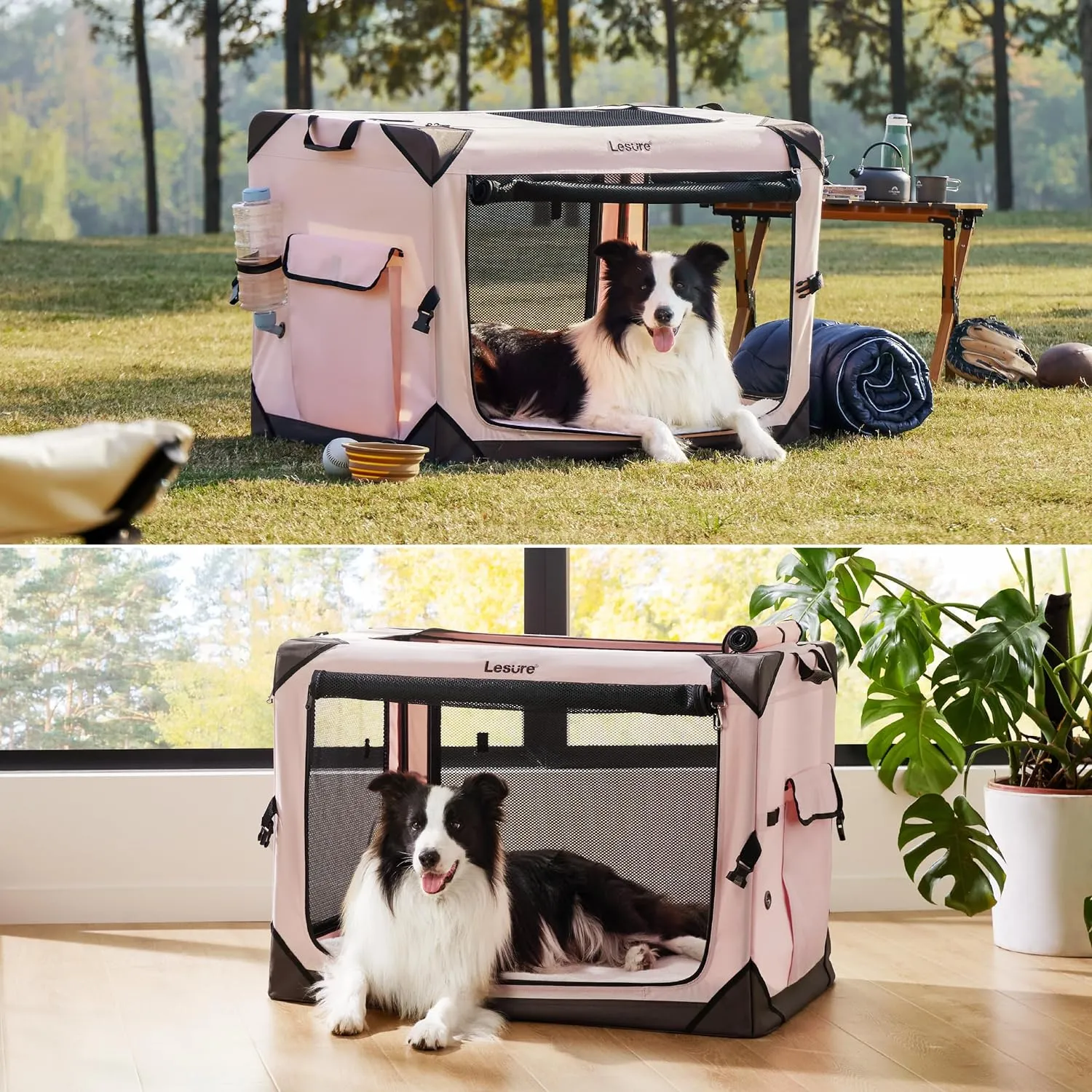 Lesure Collapsible Dog Crate - Portable Travel Kennel for Medium Dog, 4-Door Pet Crate with Durable Mesh Windows, Indoor & Outdoor, Pink