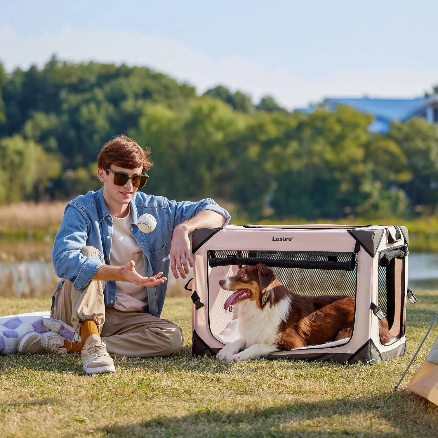 Lesure Collapsible Dog Crate - Portable Travel Kennel for Medium Dog, 4-Door Pet Crate with Durable Mesh Windows, Indoor & Outdoor, Pink