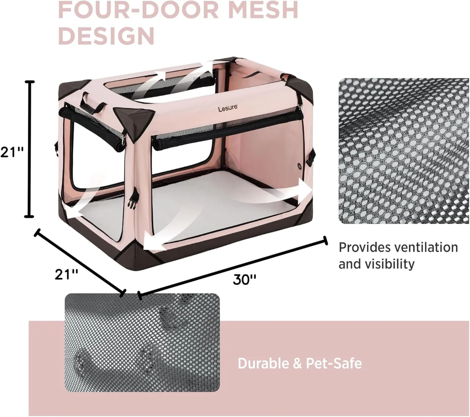 Lesure Collapsible Dog Crate - Portable Travel Kennel for Medium Dog, 4-Door Pet Crate with Durable Mesh Windows, Indoor & Outdoor, Pink