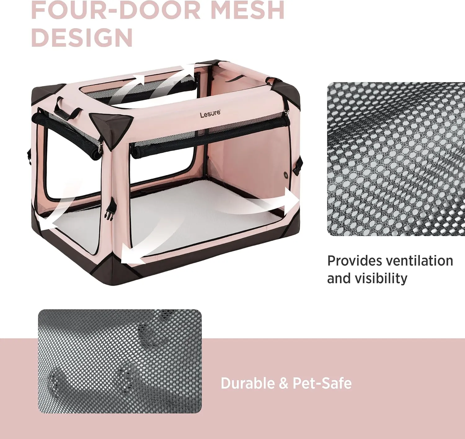 Lesure Collapsible Dog Crate - Portable Travel Kennel for Medium Dog, 4-Door Pet Crate with Durable Mesh Windows, Indoor & Outdoor, Pink