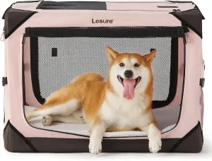 Lesure Collapsible Dog Crate - Portable Travel Kennel for Medium Dog, 4-Door Pet Crate with Durable Mesh Windows, Indoor & Outdoor, Pink