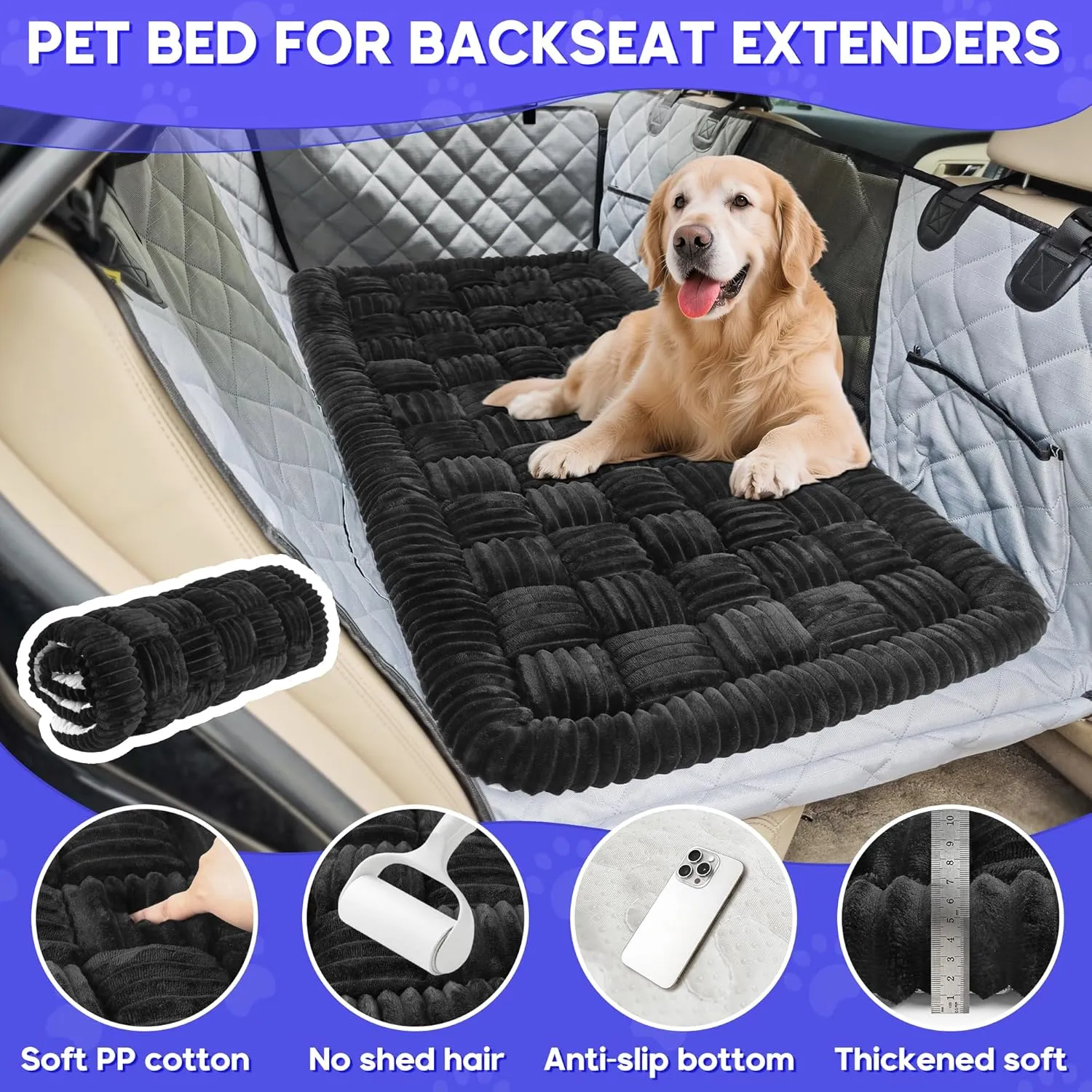 Loiion Dog Car Bed Mat, Non-Slip Backseat Extender Pet Blanket, Plaid Dog Bed for SUVs, Sedans & Trucks, Chew-Resistant Travel Pad for Dogs, Easy Clean & Scratch-Proof & Comfort (50"x24.6") Black