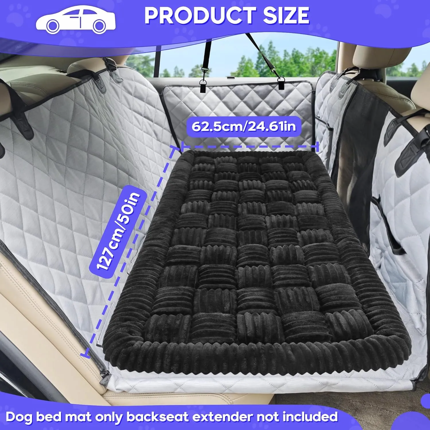 Loiion Dog Car Bed Mat, Non-Slip Backseat Extender Pet Blanket, Plaid Dog Bed for SUVs, Sedans & Trucks, Chew-Resistant Travel Pad for Dogs, Easy Clean & Scratch-Proof & Comfort (50"x24.6") Black