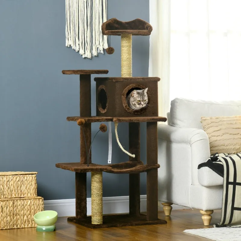 Modern Brown Cat Tree with Scratching Posts and Toy Ball