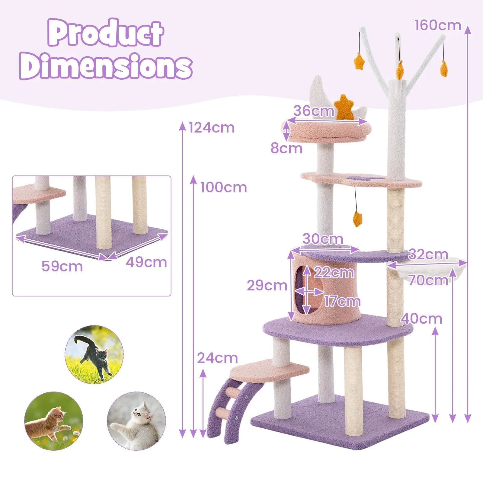 Multilevel Cat Tower with Ladder Sisal Covered Scratching Posts-Purple