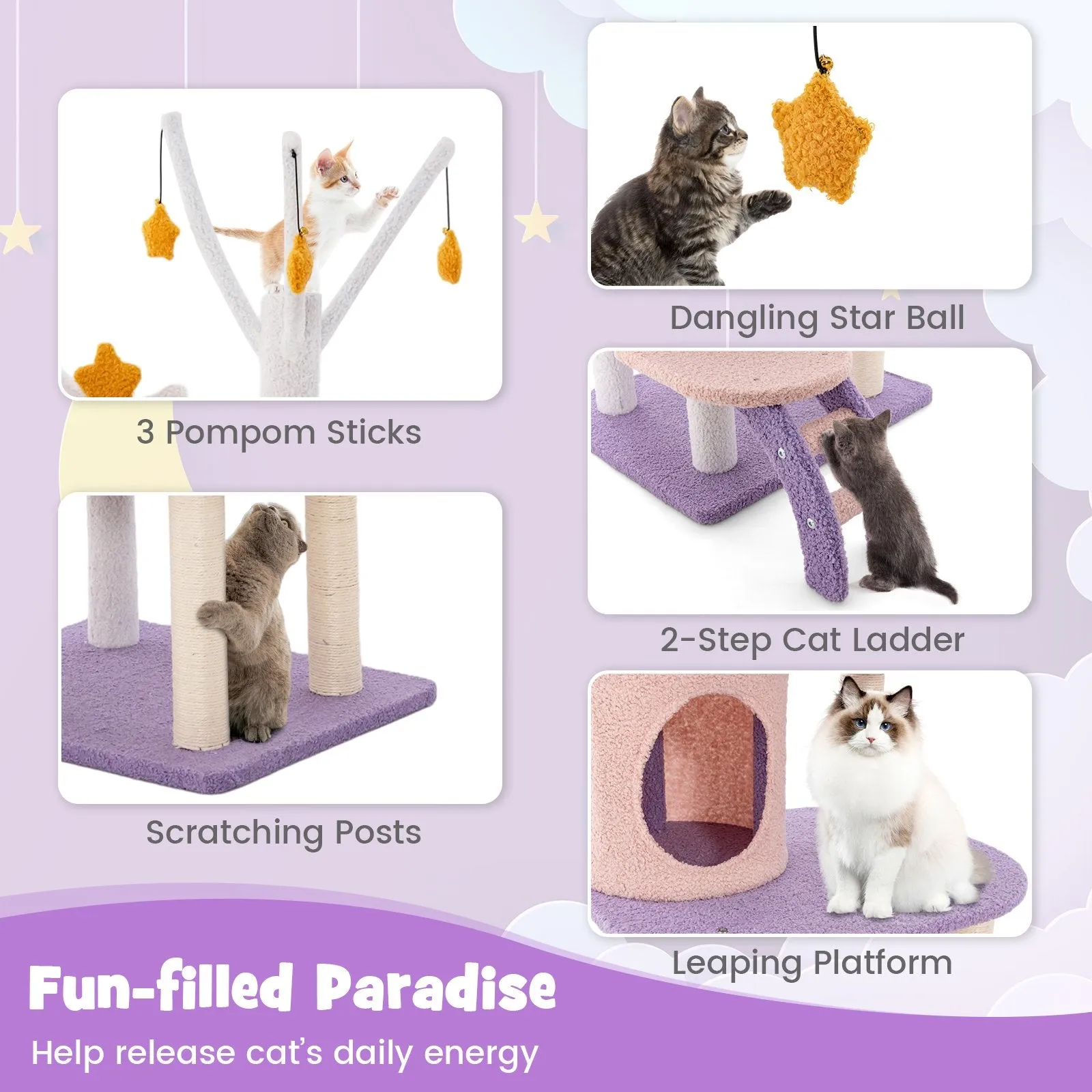 Multilevel Cat Tower with Ladder Sisal Covered Scratching Posts-Purple