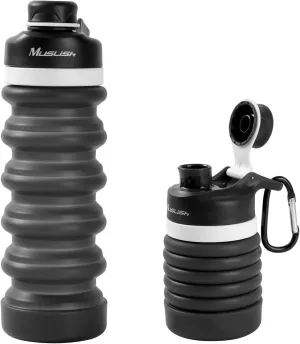Muslish Collapsible Water Bottle, Leak Proof Travel Water Bottle, Food-Grade Silicone BPA Free, 18oz With Carabiner