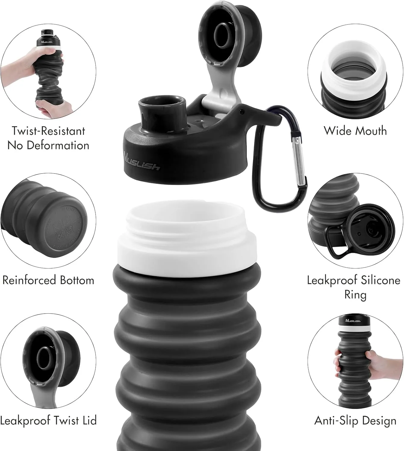 Muslish Collapsible Water Bottle, Leak Proof Travel Water Bottle, Food-Grade Silicone BPA Free, 18oz With Carabiner