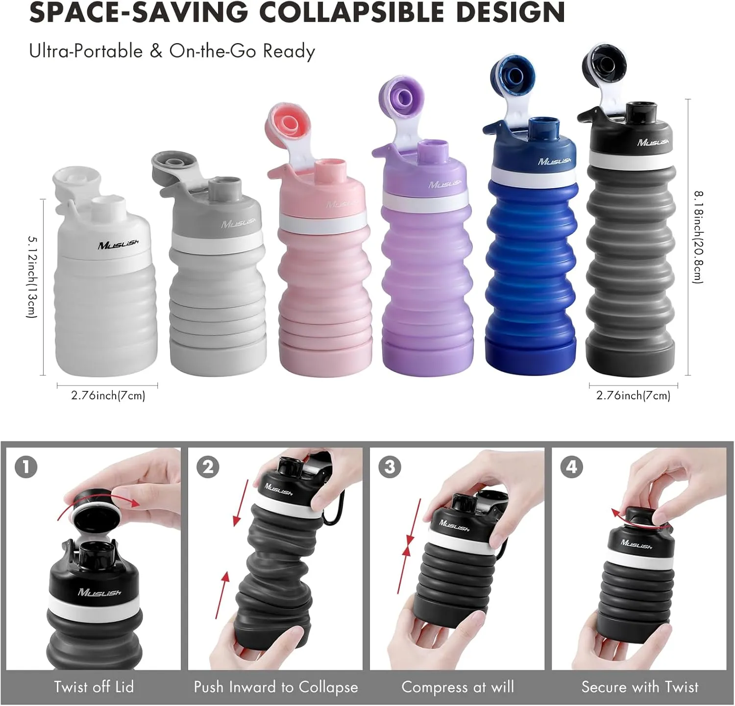 Muslish Collapsible Water Bottle, Leak Proof Travel Water Bottle, Food-Grade Silicone BPA Free, 18oz With Carabiner