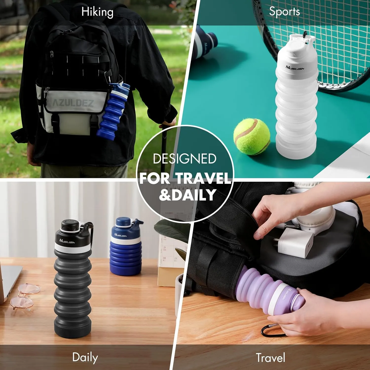 Muslish Collapsible Water Bottle, Leak Proof Travel Water Bottle, Food-Grade Silicone BPA Free, 18oz With Carabiner