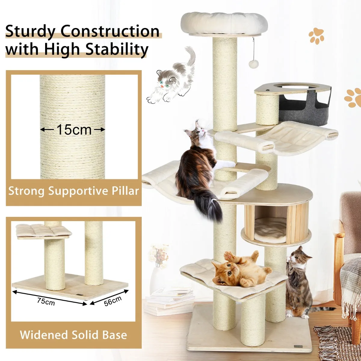 NNECW 197cm Multi-level Cat Tree Cat Tower with Wooden Condo