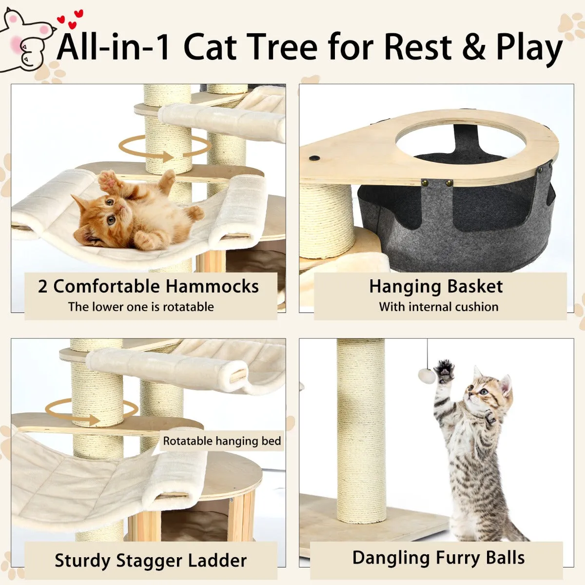 NNECW 197cm Multi-level Cat Tree Cat Tower with Wooden Condo