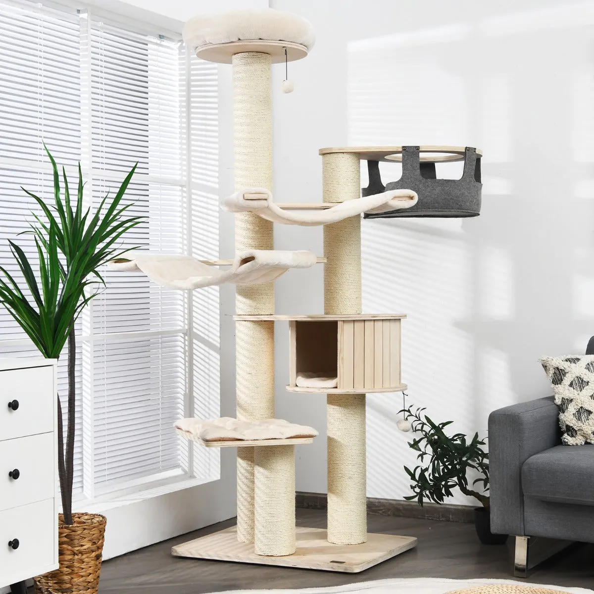 NNECW 197cm Multi-level Cat Tree Cat Tower with Wooden Condo
