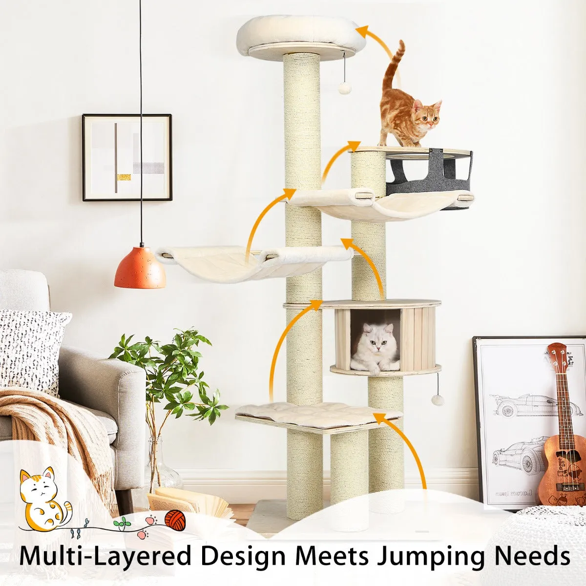 NNECW 197cm Multi-level Cat Tree Cat Tower with Wooden Condo