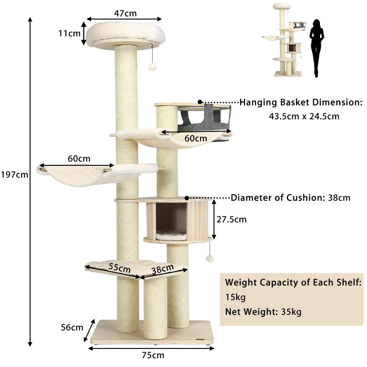 NNECW 197cm Multi-level Cat Tree Cat Tower with Wooden Condo