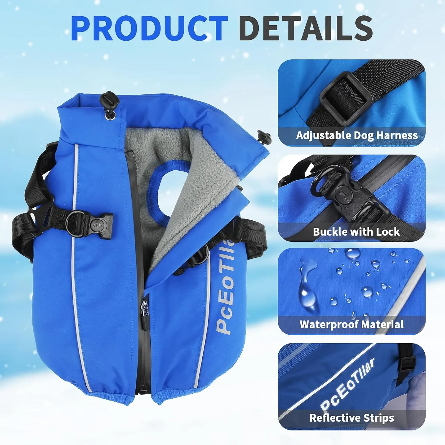 PCEoTllar Dog Coat - Warm Winter Jacket, Waterproof, Reflective Snow Clothes with Zipper, Thick Coat for Small to Large Dogs (Blue,XXL)