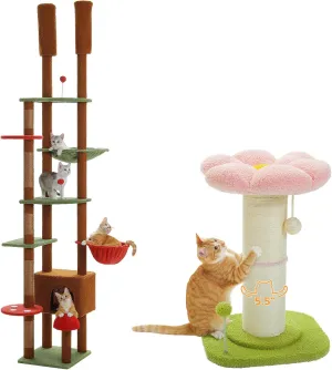 PEQULTI Mushroom Cat Tree Floor to Ceiling Cat Tower Adjustable Height (90.5''~100.4'') and PEQULTI Flower Cat Scratching Post, Small Cat Tree, Tall Cat Scratcher for Indoor Cats