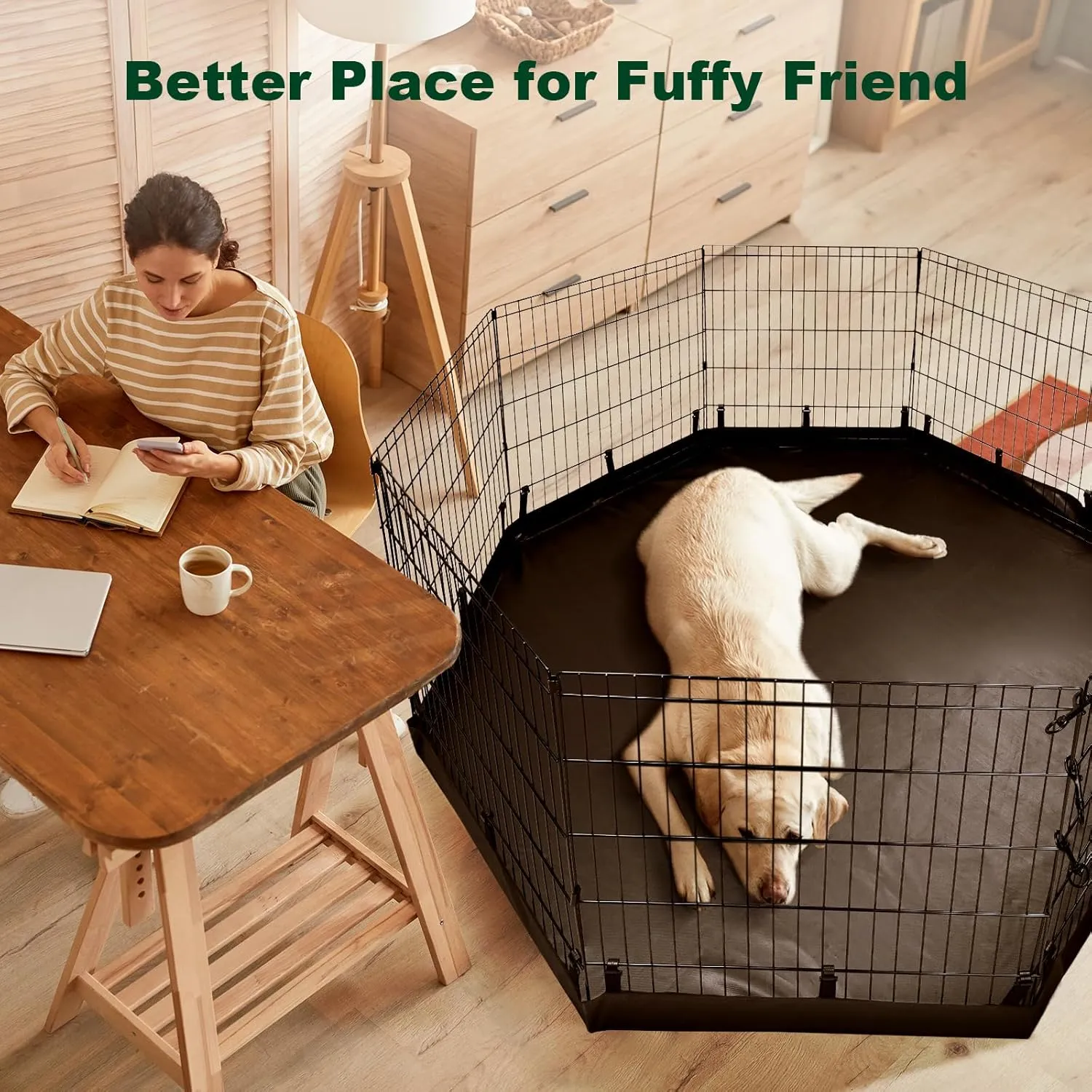 PJYuCien Dog Playpen - Metal Foldable Dog Exercise Pen, Pet Fence Puppy Crate Kennel Indoor Outdoor with 8 Panels 24H & Bottom Pad for Small Medium Pets