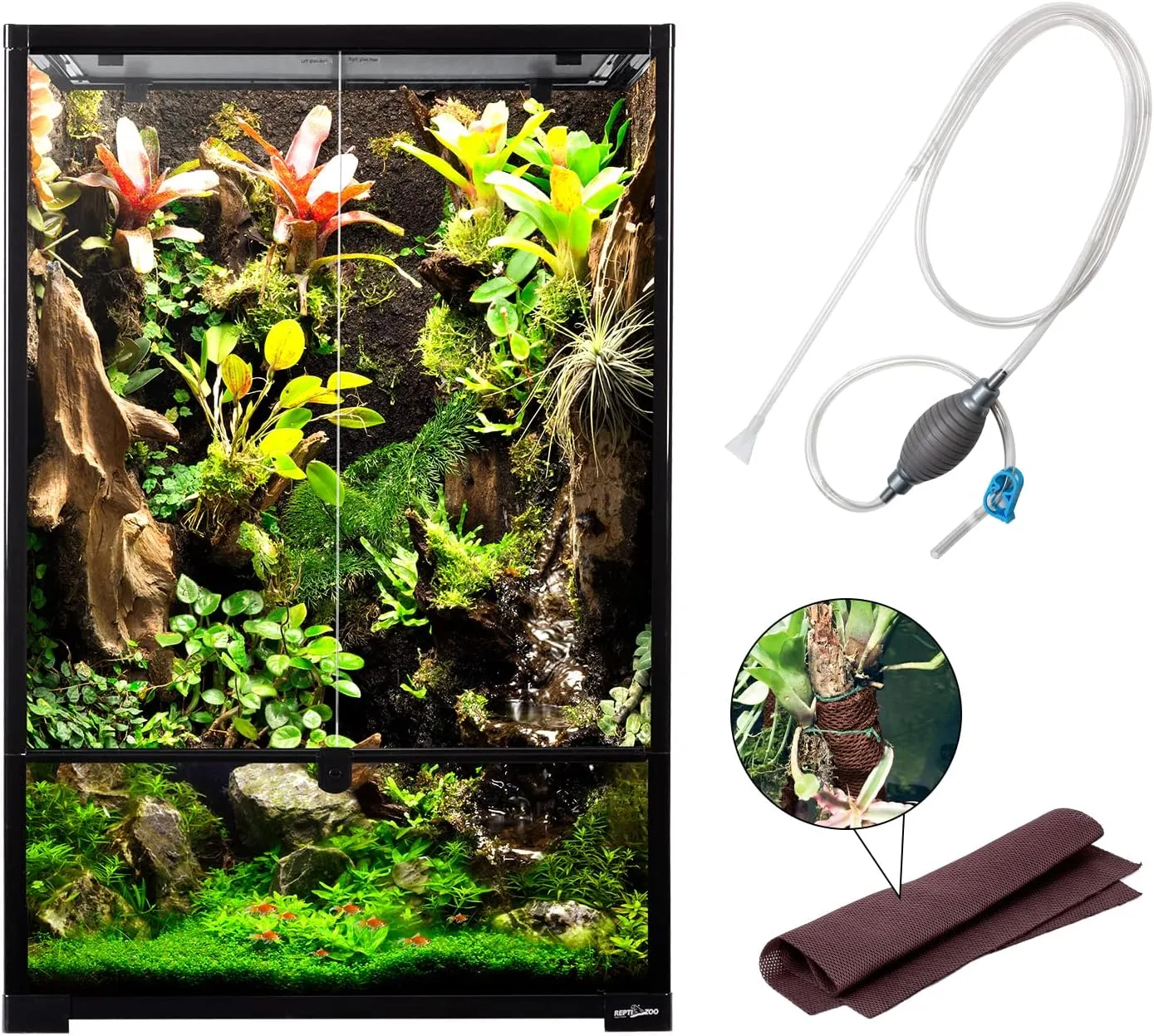 REPTIZOO 67 Gallon Large Reptile Terrarium 24"x18"x 36" Glass Paludarium Tank, Tall Reptile Enclosure Habitat with 10 Deep Base, Siphon Gravel Cleaner Set and Plants Growing Cotton Mat Included